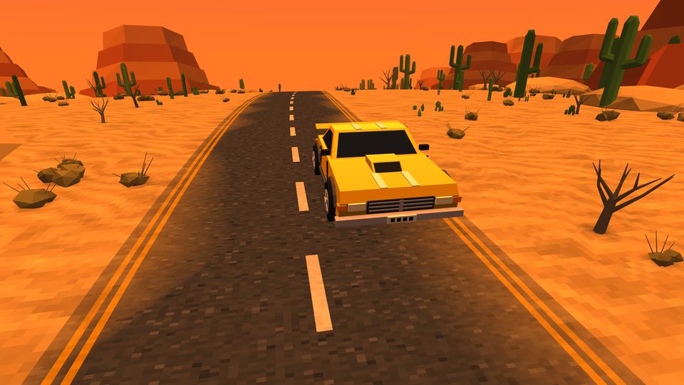 A yellow muscle car crossing an orange desert of cacti and mesas at sunset