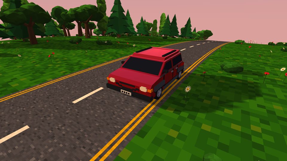 A red car driving past green fields and trees at golden hour