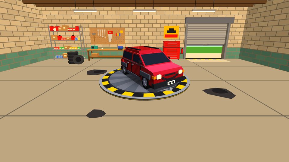 A red car on a turntable in a cosy garage full of tools and tyres