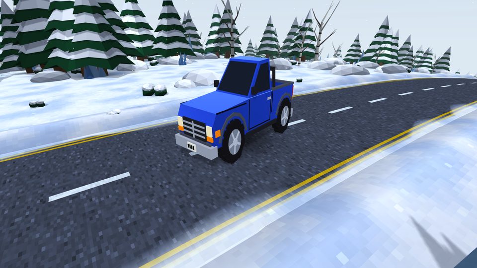 A blue pickup on a cleared road through snowy pine forest