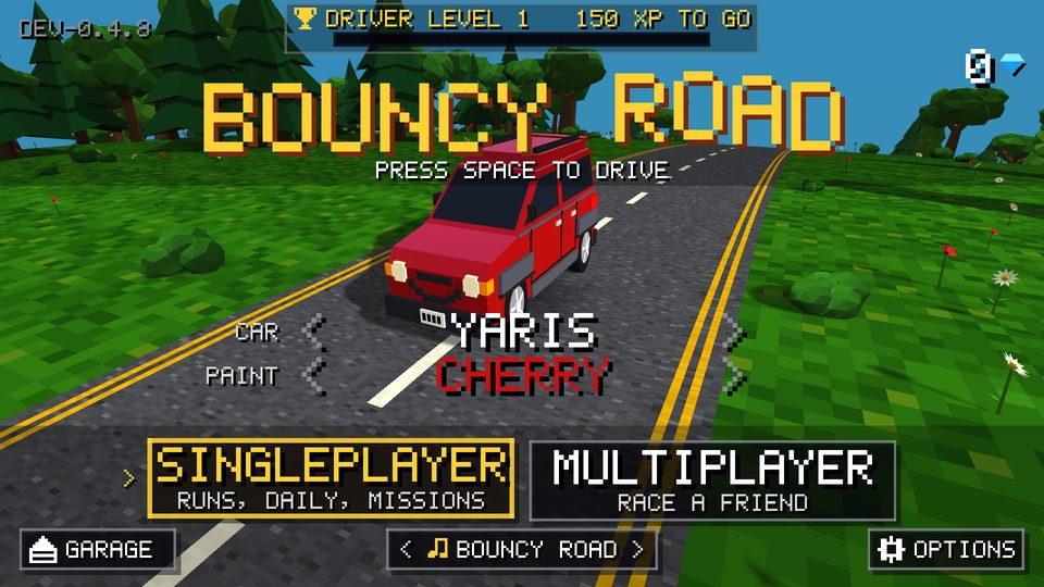 The Bouncy Road title screen, a red car bouncing on the road below the logo